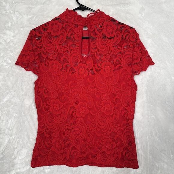 bebe Red Goth Lace Keyhole Back Top LG | Vintage Y2K Sheer Floral High Neck - Picture 11 of 11